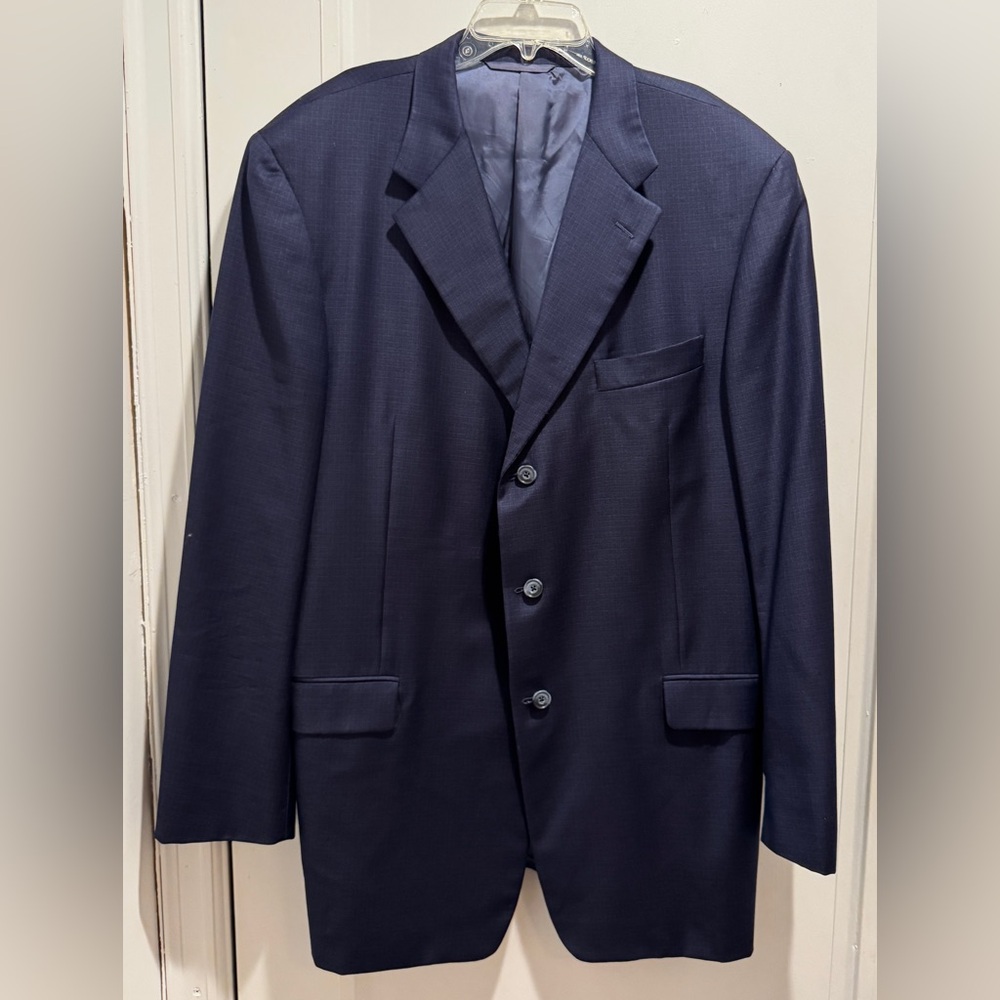 Men’s Rothman’s Wool Navy/Blue Check 3 Button Sport Coat. Lined. Size 46L.